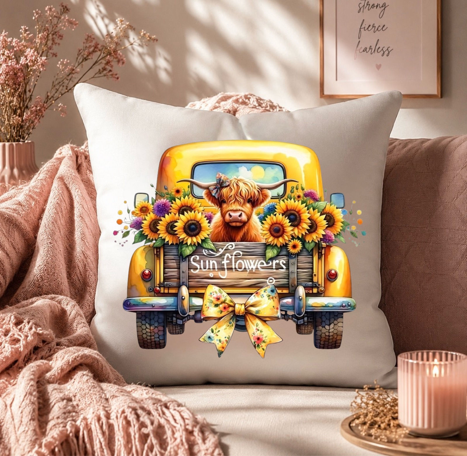 Welcome to the Sunflower Patch Highland Cow Throw Pillow