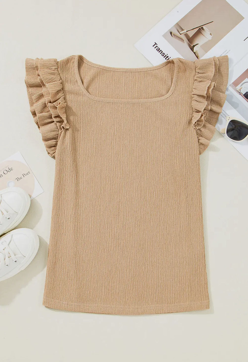 Thumbnail: Smoke Gray Ruffled Tiered Sleeve Square Neck Textured Top