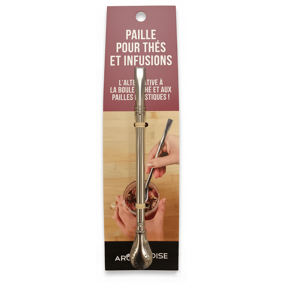 Paille bombilla inox avec filtre intégré – emballage Terrame, alternative à la boule à thé