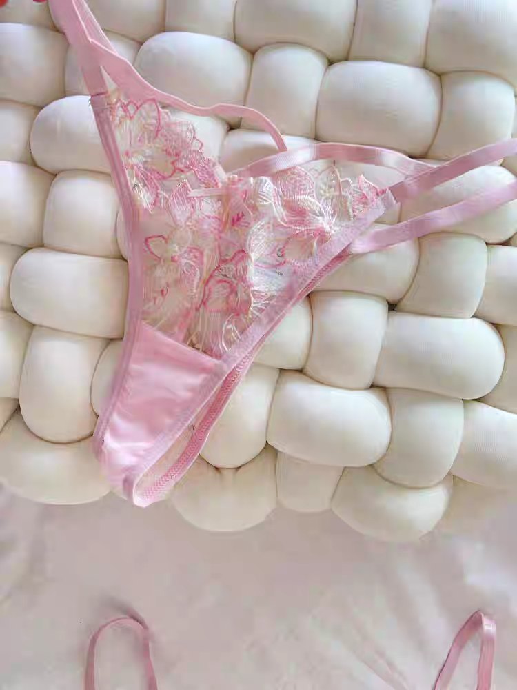Thumbnail: Pink floral embroidered lingerie set