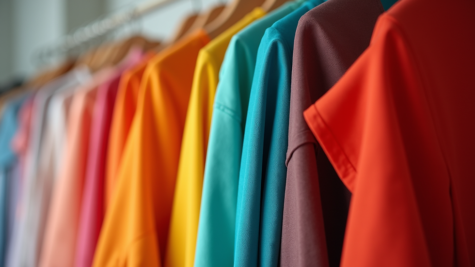 Eye-level view of a clothing rack with colorful dresses in vibrant tones