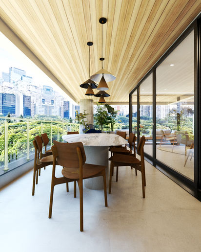 varanda gourmet em Alphaville com mesa de jantar em madeira, cadeiras e vista para área verde