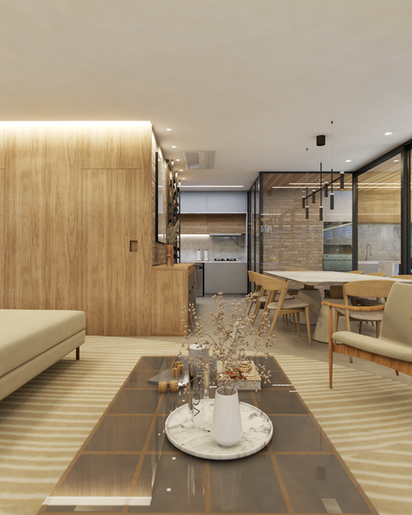 sala integrada à cozinha e jantar em Alphaville Barueri com marcenaria em madeira e mobiliário planejado