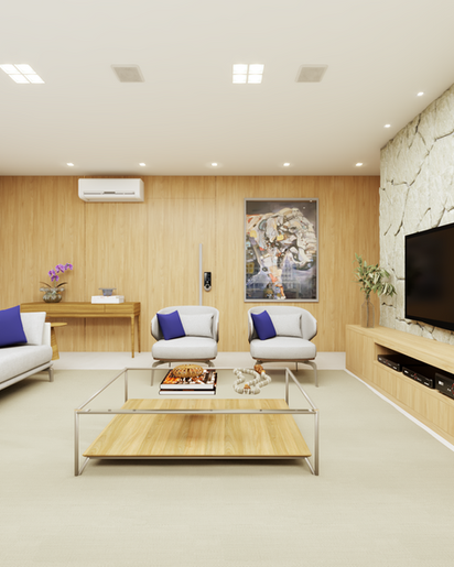 sala de estar em Alphaville Barueri com painel de TV, poltronas e decoração moderna