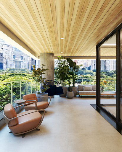 varanda de apartamento em Alphaville com poltronas em couro, plantas e vista para área verde