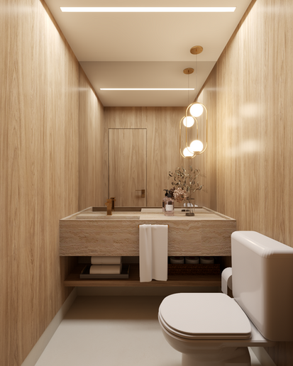 "lavabo com paredes revestidas em madeira e bancada em travertino"