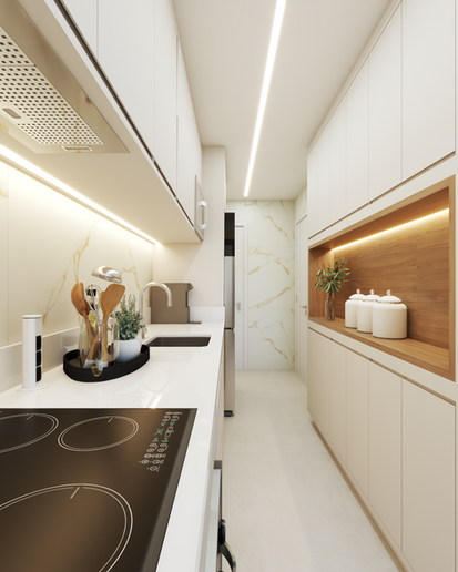 "cozinha com fogão de indução e armários estreitos"