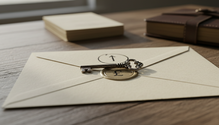 Close-up view of a metal key resting on a sealed envelope marked with a small account symbol