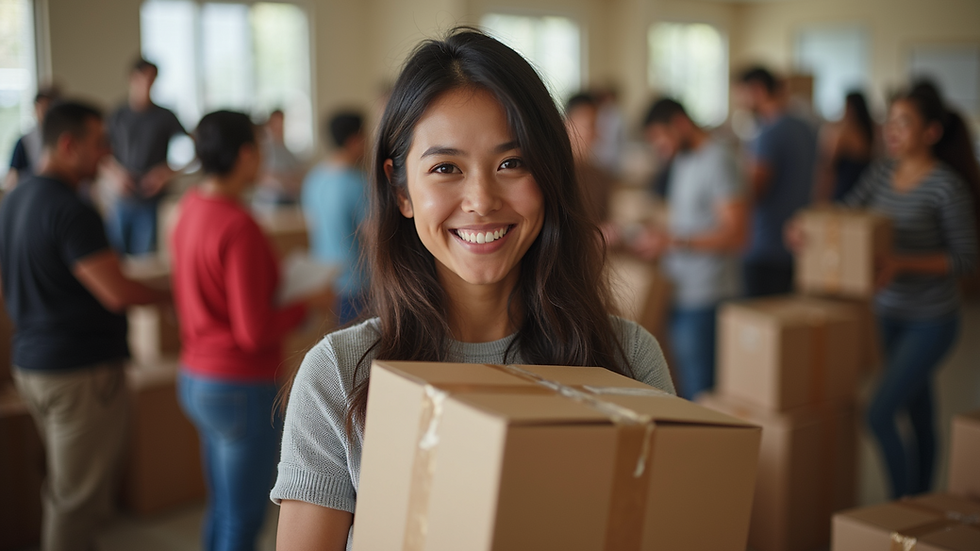 High angle view of volunteers distributing food packages in a community center
