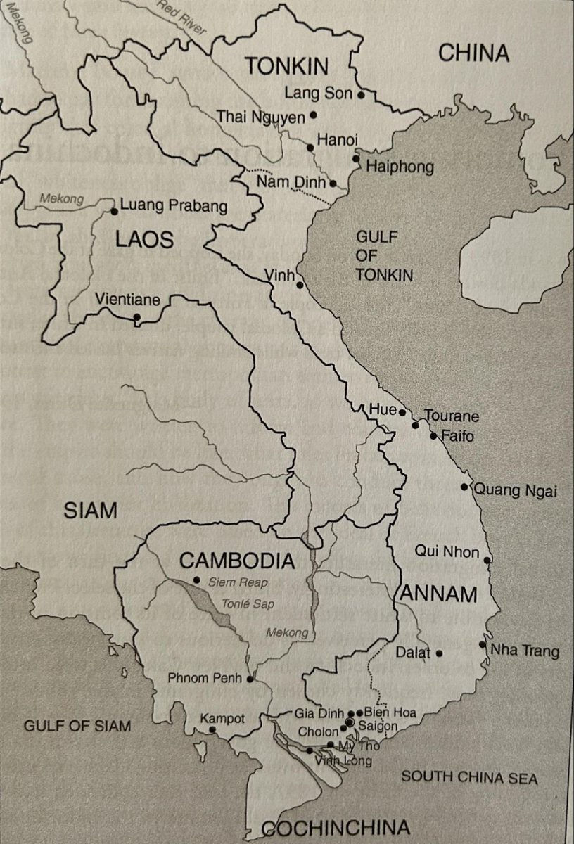 Map of French Indochina showing Laos, Tonkin, Annam, Cambodia and Cochinchina