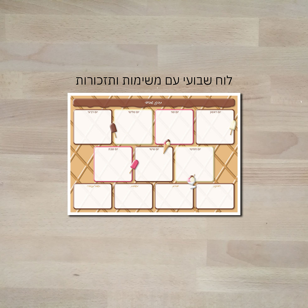 תמונה ממוזערת: לוח שבועי מגנטי מחיק בעיצוב גלידות בגרסת משימות ותזכורות, הכולל 4 משבצות ארגון בתחתית: משימות, יעדים, רעיונות וחשוב לזכור
