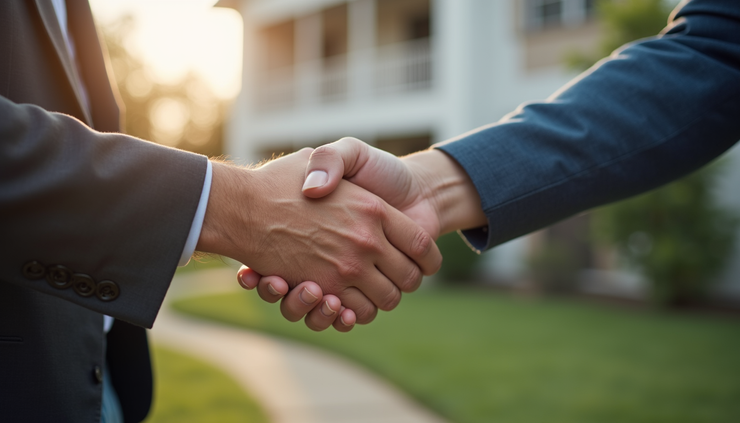 Close-up view of a hand shaking with a local cash buyer in front of a house