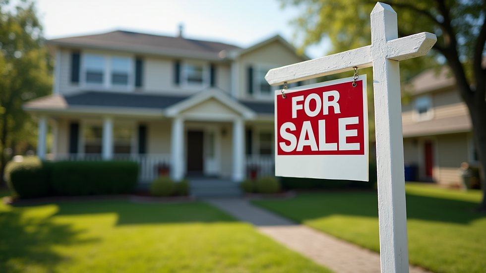 Eye-level view of a suburban house with a "For Sale" sign