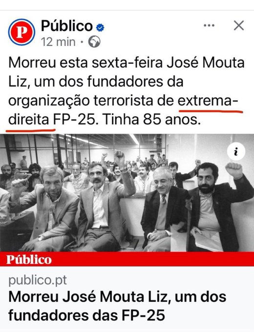 Manchete do Jornal Público de Lisboa, noticiando erradamente o vínculo com "extrema-direita", de um ativista de "extrema-esquerda"