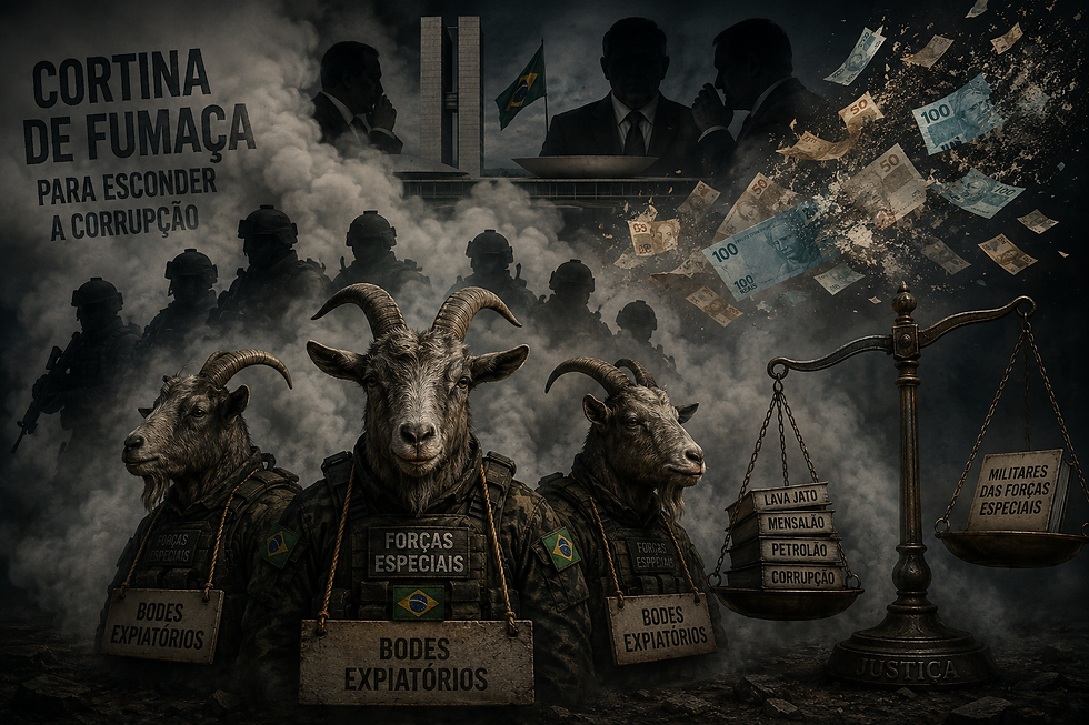 Ilustração simbólica de bodes expiatórios representando militares das forças especiais usados como cortina de fumaça para distrair de escândalos de corrupção no Brasil, com silhuetas de soldados obscurecidas por fumaça, dinheiro dissipando e balanças da justiça desequilibradas,