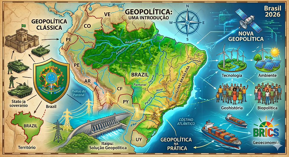 Um mapa ilustrativo complexo e dinâmico focado no Brasil na América do Sul, servindo como uma introdução visual à geopolítica. O mapa central destaca a geografia física do Brasil, incluindo a Floresta Amazônica e os principais rios. Na parte inferior, uma representação detalhada da Usina Hidrelétrica de Itaipu na fronteira com o Paraguai é rotulada como 'Itaipu: Solução Geopolítica', com linhas de energia irradiando para ambos os países. A imagem é dividida conceitualmente: à esquerda, símbolos da 'Geopolítica Clássica', como um forte militar, tanques, o brasão de armas brasileiro e o rótulo 'Soberania do Estado'; à direita, símbolos da 'Nova Geopolítica', incluindo um satélite de comunicação, turbinas eólicas, painéis solares, um grupo diversificado de pessoas rotulado como 'Geohistória' e 'Biopolítica', e o logo do BRICS com navios de carga rotulado como 'Geoeconomia'. Linhas de conexão e setas mostram as relações entre esses conceitos e o território brasileiro. O estilo mistura cartografia tradicional com visualização de dados moderna. O título 'Geopolítica: Uma Introdução' está no topo.