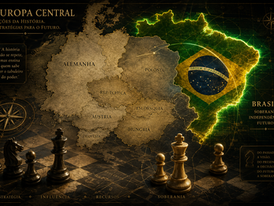 Um mapa geopolítico estilizado da Europa Central em tons clássicos contrastando com o contorno do mapa do Brasil iluminado em verde e amarelo ao fundo, simbolizando a conexão entre as lições estratégicas da história e o futuro da soberania nacional, com elementos sutis que remetem a um tabuleiro de xadrez estratégico.