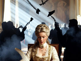 Imagem dramática da Princesa Isabel assinando a Lei Áurea, simbolizando o tema da guerra cognitiva e o apagamento de sua coragem na história da abolição da escravidão no Brasil, com elementos visuais de libertação e sombras de manipulação histórica.