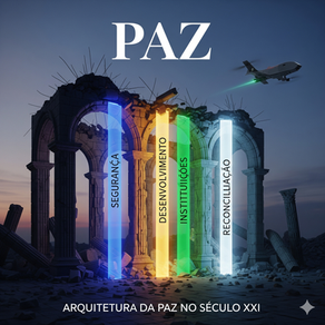 Uma estrutura arquitetônica em ruínas (simbolizando o mundo em conflito) sendo reconstruída por quatro pilares de luz, cada um representando um dos "Quatro Pilares da Paz Sustentável" (Segurança, Desenvolvimento, Instituições, Reconciliação). A cena deve ter ao fundo elementos de tecnologia tática (como um drone sutil). As palavras-chave "PAZ", "SEGURANÇA" e "ARQUITETURA DA PAZ NO SÉCULO XXI" devem estar presentes na imagem.