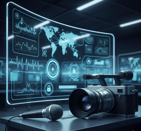 Uma representação simbólica da imprensa no contraterrorismo. A imagem foca em equipamentos jornalísticos clássicos e modernos, como uma câmera profissional e um microfone, posicionados à frente de um cenário de centro de comando tático com telas de monitoramento abstratas. A composição utiliza tons de azul e cinza para transmitir sobriedade, ética e vigilância, simbolizando o peso da informação na segurança nacional sem o uso de textos.