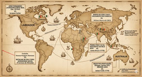 Um mapa antigo em tons quentes de pergaminho, simulando o estilo de uma gravura cartográfica do século XVI, exibindo o Oceano Atlântico Norte dividido de forma vertical pela linha divisória do Tratado de Tordesilhas. Na área leste da linha, observam-se os contornos geográficos detalhados da Península Ibérica e do continente africano com caravelas em navegação; na área oeste, desenham-se as linhas iniciais das Américas e da Terra de Santa Cruz acompanhadas por rosas dos ventos ornamentadas, ilustrando a história oculta das navegações portuguesas