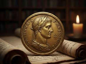 Moeda de ouro romana com o busto do Imperador Constantino I, associado ao Sol Invicto, sobre um pergaminho antigo. A imagem ilustra a união estratégica entre o poder imperial e a religião cristã