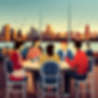 Animated image of group of people sitting on a table with a background view of city skyline