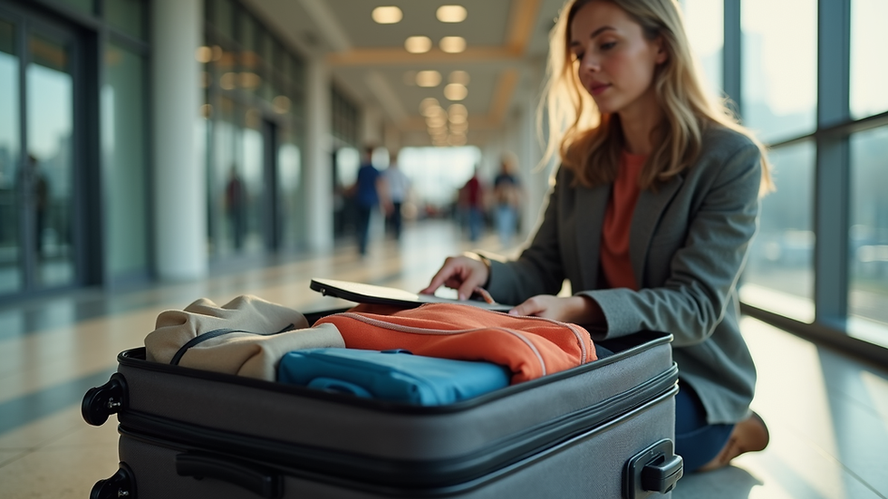 Eye-level view of a student packing a suitcase with travel essentials