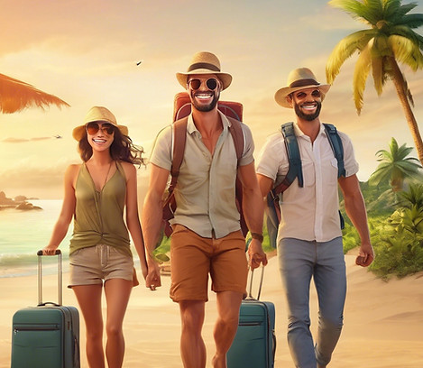 Happy friends travel tropical beach vacation