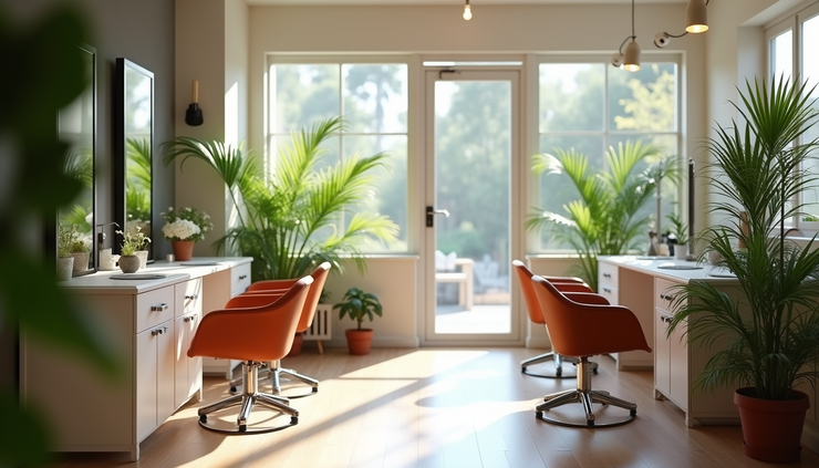 Eye-level view of a calm hair salon workspace with plants and natural light