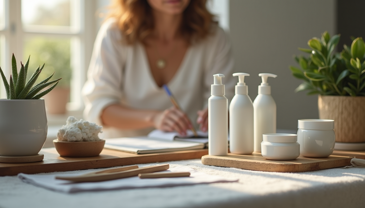 Close-up view of a hairdresser’s workstation with wellness materials and tools