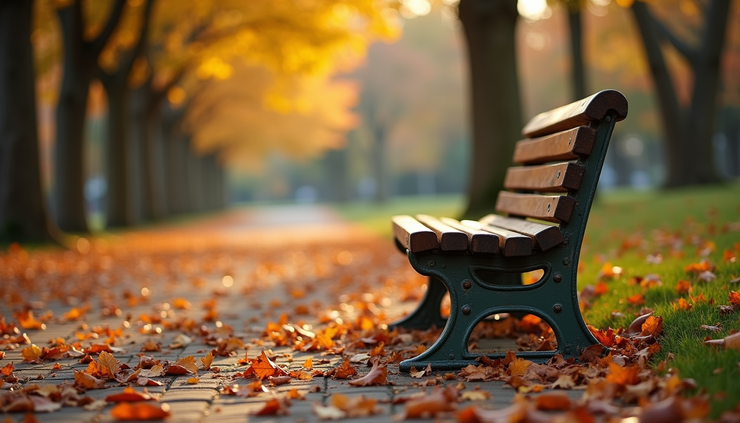 Eye-level view of a quiet park bench surrounded by autumn leaves
