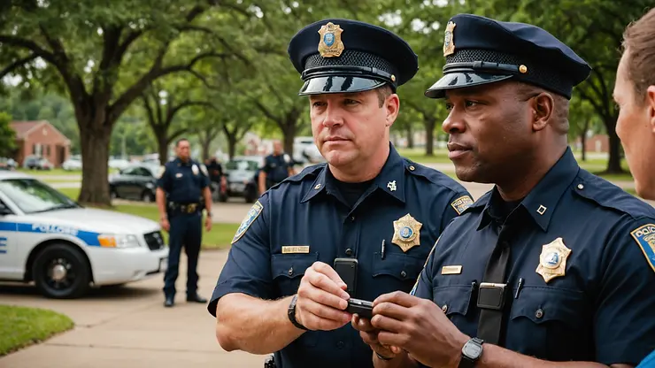 Eye-level view of a Baton Rouge Police officer interacting with residents