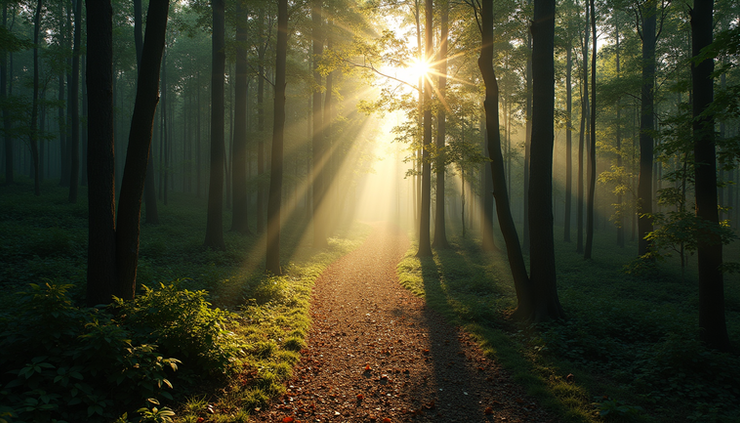 High angle view of a winding forest path with sunlight filtering through trees