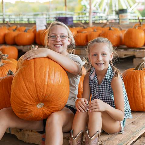 Two smiling girls sitting with pumpkins at a farm market.