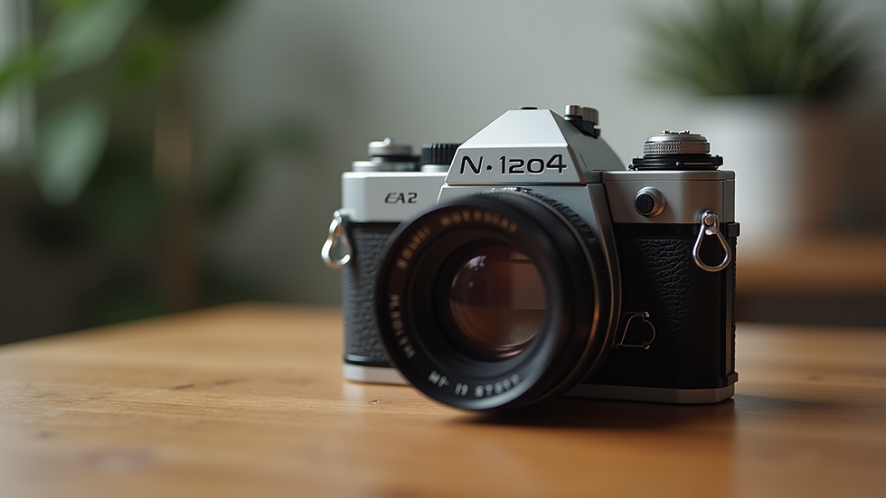 Close-up view of a vintage camera on a wooden table