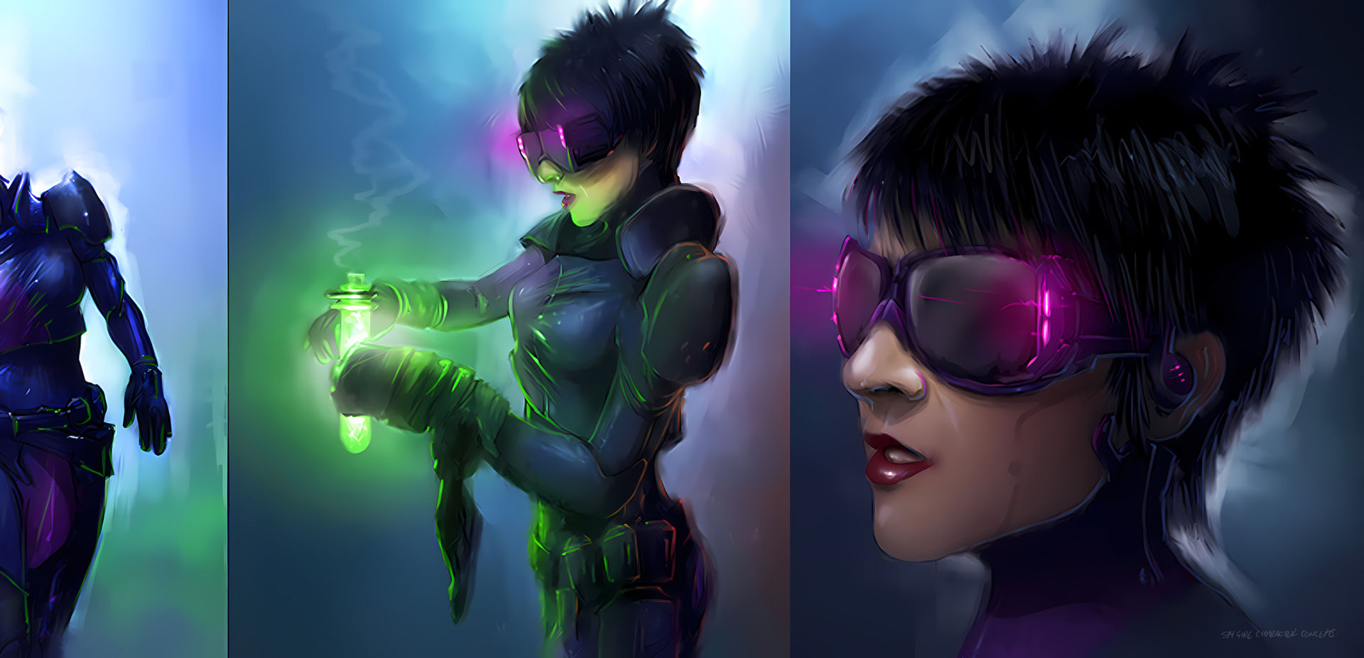 Futuristic character with glowing goggles & green vial