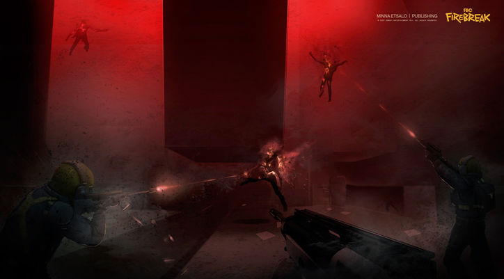 First-person view of combat in red-lit game