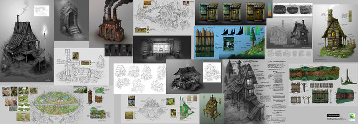 Concept art for a rustic house and environmental elements