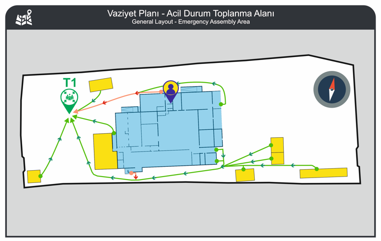 Gözlük Fabrikası Binası Acil Durum ve Yangın Tahliye Planı Krokisi  Proje Yeri : Akyurt /Ankara  Kullanım Amacı : Gözlük Fabrikası Binası  Kat Sayısı : 3  Hol Sayısı : 4
