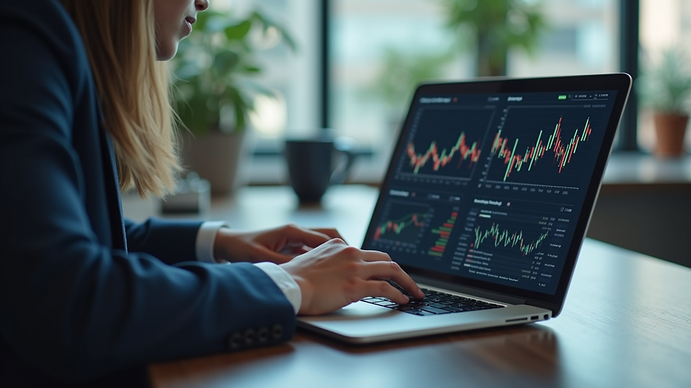 Eye-level view of a business professional analyzing financial data on a laptop