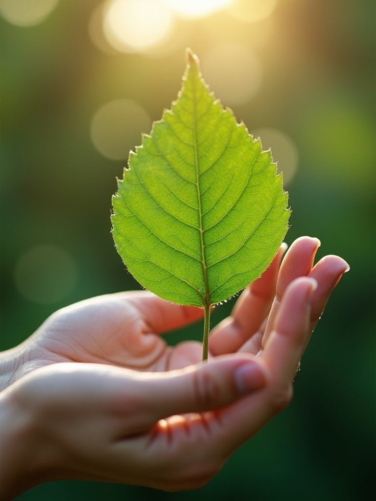 Close-up-detail-shot-of-hands-holding-a-fresh-green-leaf-with-dewdrops-natural-daylight-so