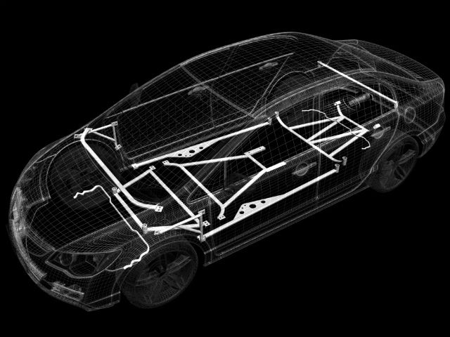車体のワイヤーフレームに装着された補強パーツの透視図