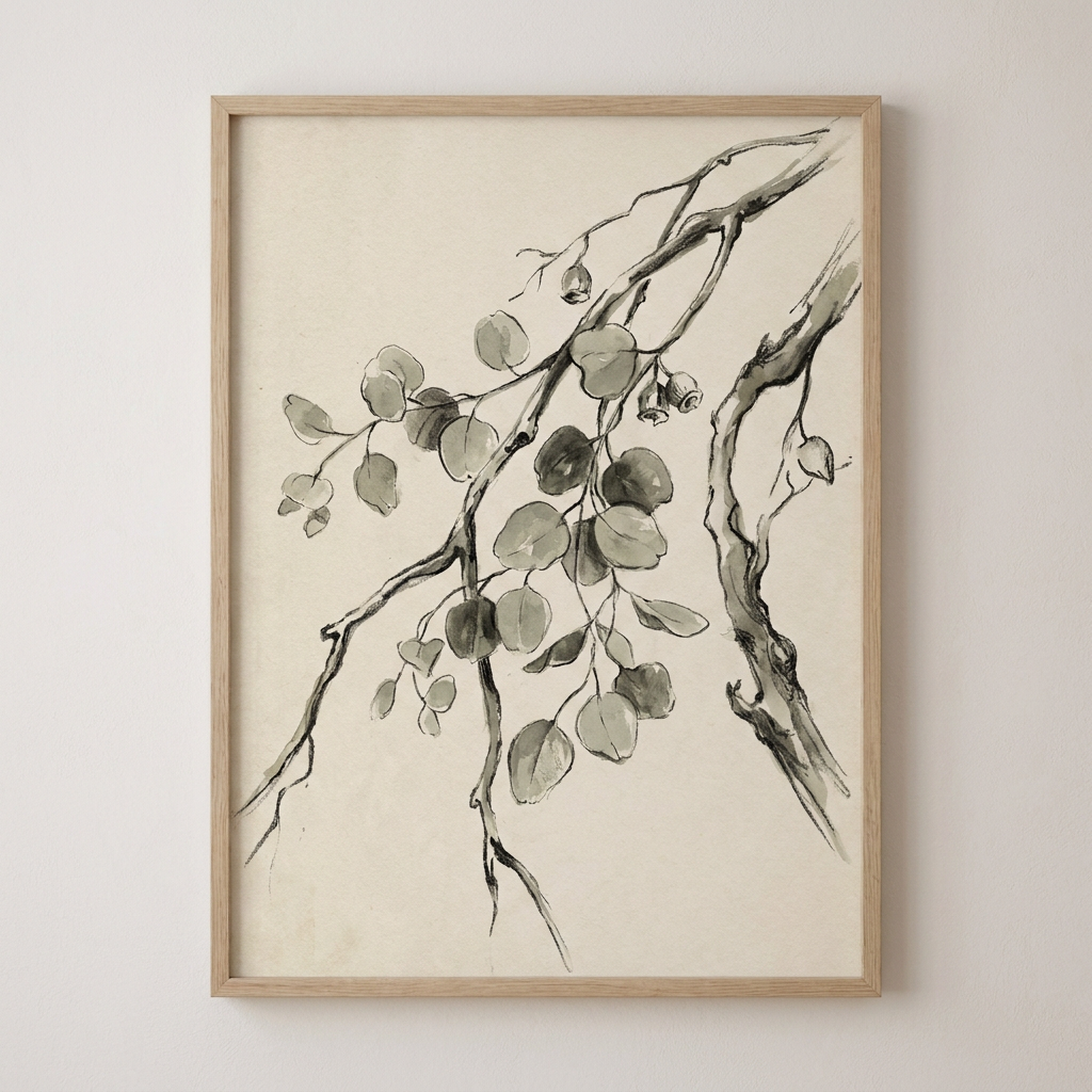 Ink wash study of eucalyptus branches in sage and charcoal on bone paper