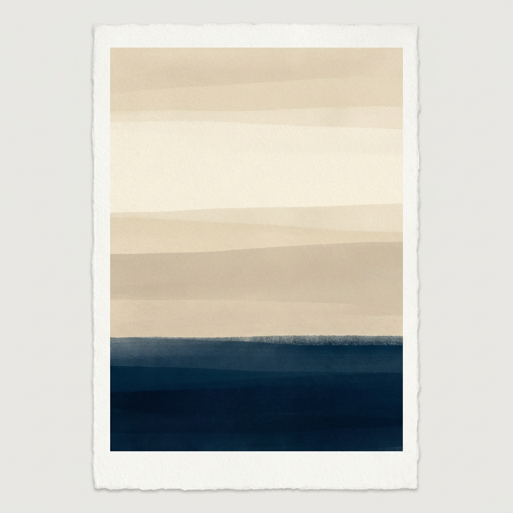 Abstract horizon print: bands of warm cream sky above a deep indigo sea
