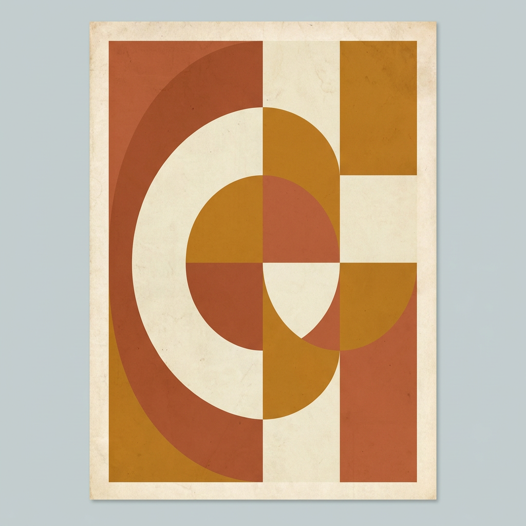 Mid-century geometric composition of arcs and blocks in terracotta, ochre and bone