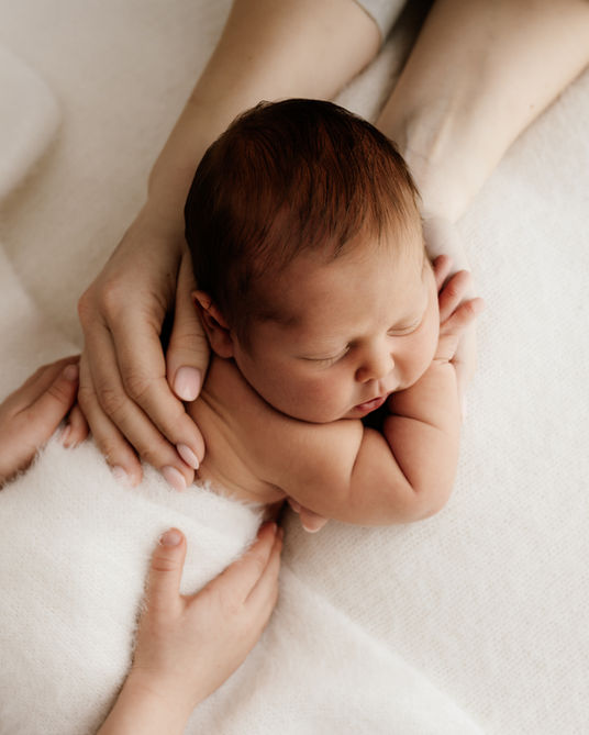 baby in parents hands - natural baby photoshoot in Essex Studio. Covering Colchester, Saffron Walden, Chelmsford and London