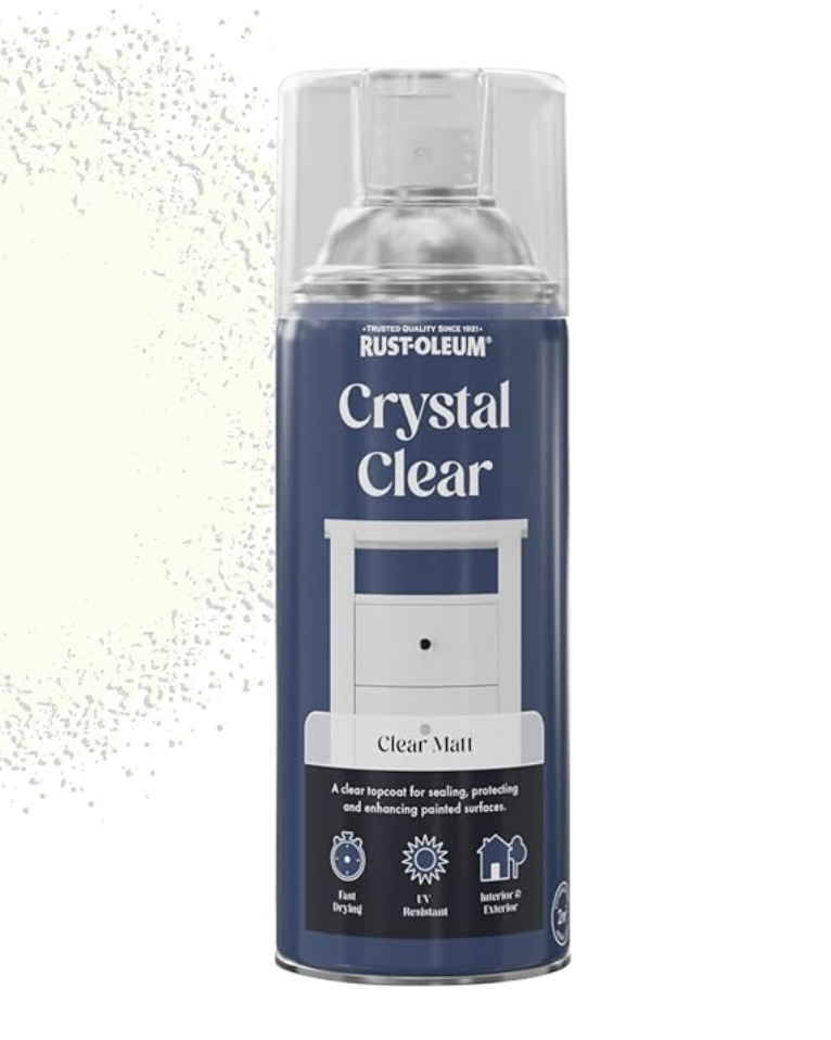 Spray can of Rust-Oleum Crystal Clear, clear matt variant. Navy blue label with white text. Used for sealing and protecting surfaces.