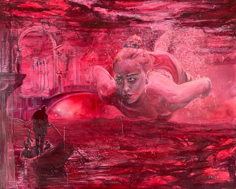 Painting by Heike Lin Triebel: A woman emerges from crimson water, her body tense and eyes wide open, surrounded by abstract red and brown structures. In the background, a boatman and distant architecture dissolve into shadow. The painting evokes loss, remembrance, and a vanishing world.