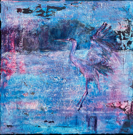 Abstract painting in blue and violet tones showing a bird (swan or crane) standing in a textured, water-like environment with layered, expressive brushwork.